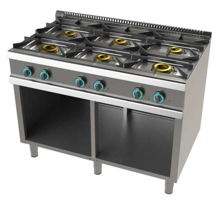 Fogão a gás com 6 queimadores 2x8+4,5+3x6 Kw SerIe 700  com dimensões 1200x730x900h mm