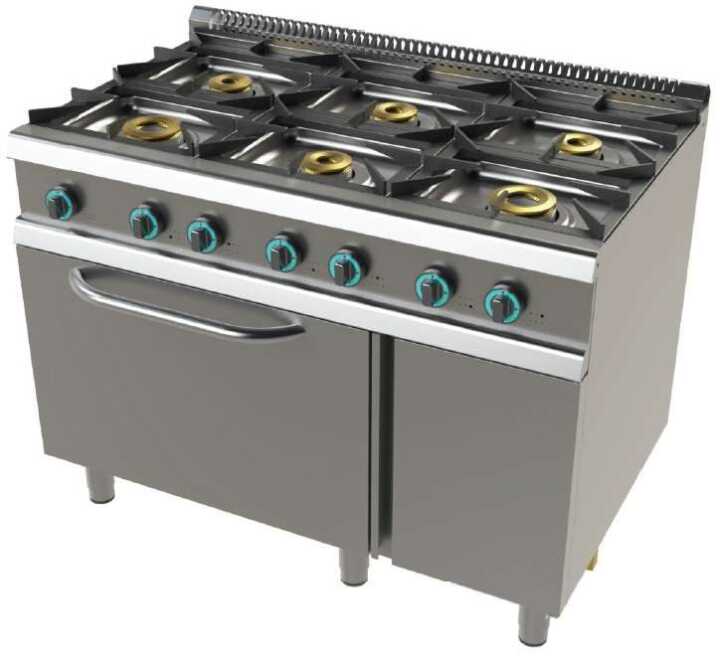 Fogão a gás com forno GN2/1 com 6 queimadores 2x8+4,5+3x6 Kw SerIe 700  com dimensões 1200x730x900h mm