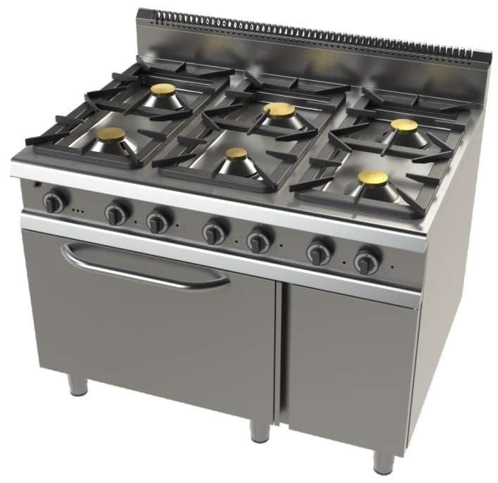 Fogão a gás com forno GN2/1 com 6 queimadores 2x8,3+4,3+2x10 Kw Série 900  com dimensões 1200x900x900h mm