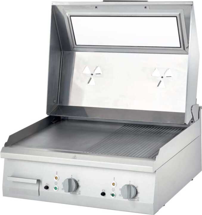 Fry Top eléctrica de mesa em aço rectificado com ranhuras/placa lisa COM CAPA 800x700x250h mm 8,1Kw