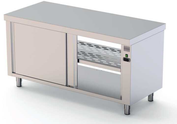 Mesa Estufa central em aço inoxidável com 600 de profundidade e porta de correr em ambos os lados 1800x600x850h mm