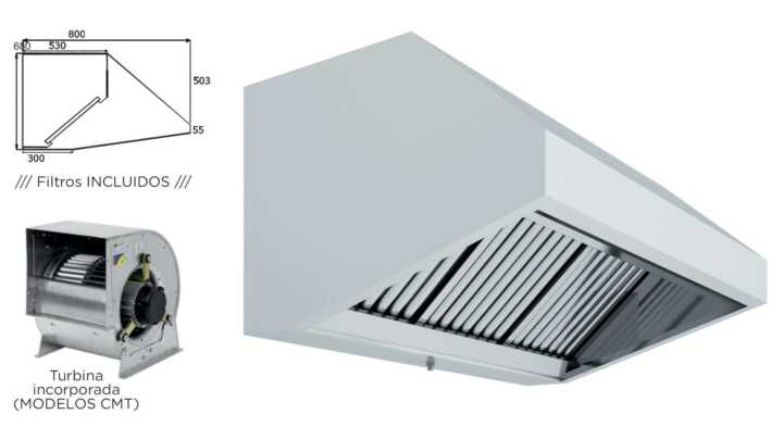 Hotte de parede Snack Profundidade 800 COM TURBINA 2000x800x700h mm