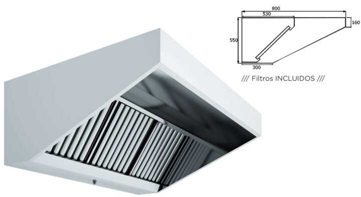 Hotte de parede para snack snack Teto baixo Teto elevado 800 Profundidade SEM TURBINA 2000x800x550h mm