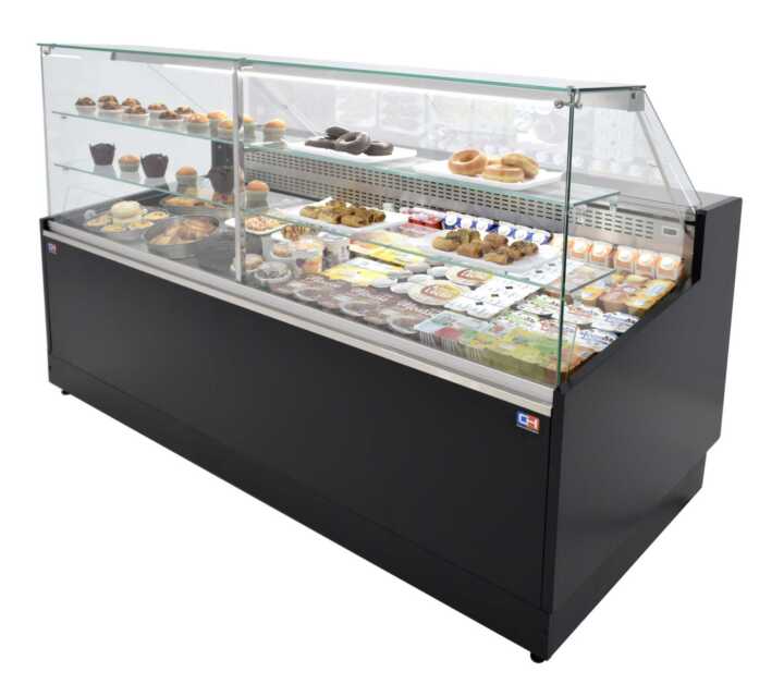 Vitrina refrigerada para padaria 1 metro Profundidade 973 mm Frio estático - Exposição em inox - 2 prateleiras