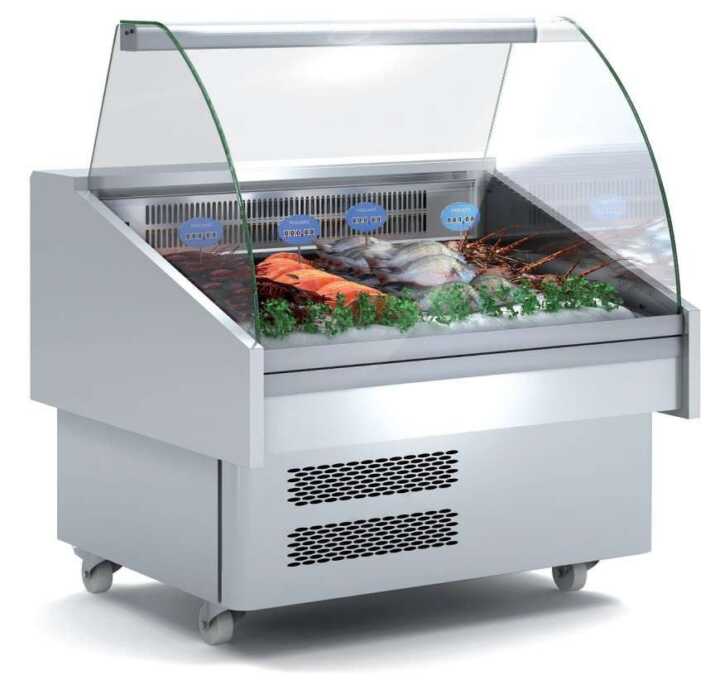 Expositor Refrigerado Peixe / Marisco Vidro Curvo Evaporador Estático Mais Placa Fria Dim
1285X915X1185H mm