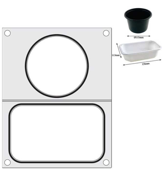 Tabuleiro para seladora térmica matrix, para um tabuleiro com um único compartimento com as medidas 178x113 mm + recipiente ø115 mm