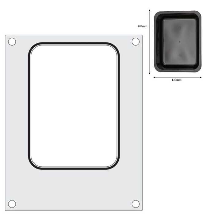 Tabuleiro para seladora térmica matrix, para um tabuleiro com um único compartimento com as medidas 187x137 mm