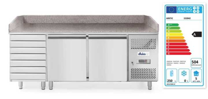 Bancada frigorífica com duas portas e sete gavetas de 280L, para preparação de pizas, 250L, 230V/250W, 2020x802x(H)1000mm