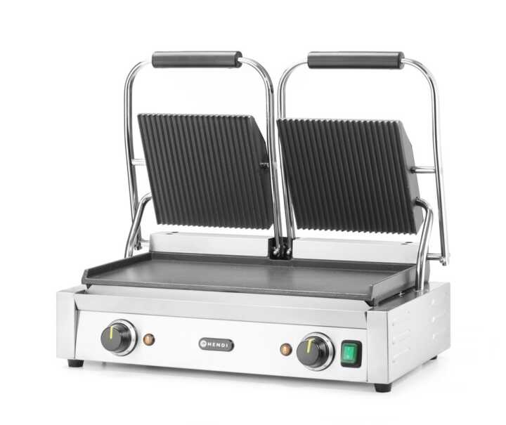 Grelha de contacto - versão dupla, parte superior canelada e fundo liso, 230V/3600W, 570x395x(H)510mm