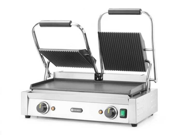 Grelha de contacto - versão dupla, parte superior canelada e fundo liso, 230V/3600W, 570x395x(H)510mm