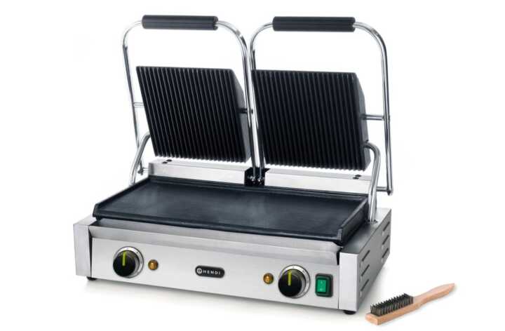 Grelha de contacto - versão dupla, parte superior canelada e fundo liso, 230V/3600W, 570x395x(H)510mm