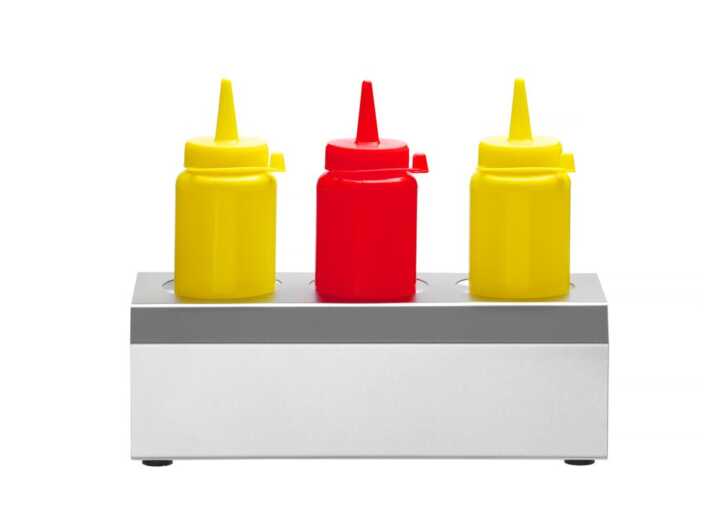 Suporte para biberões para molhos, 3 orifícios ø 50mm, 209x80x(H)78mm