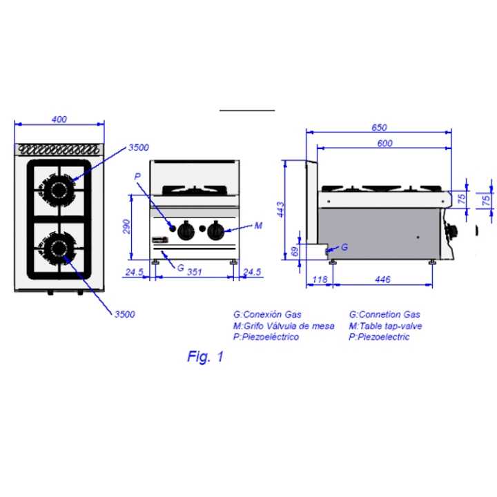 Fogão a Gás com 2 queimadores, 9,5kW, 400 x 650 x 400mm