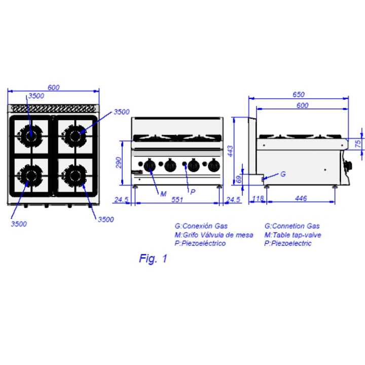Fogão a Gás com 4 queimadores, 19kW, 600 x 650 x 400mm