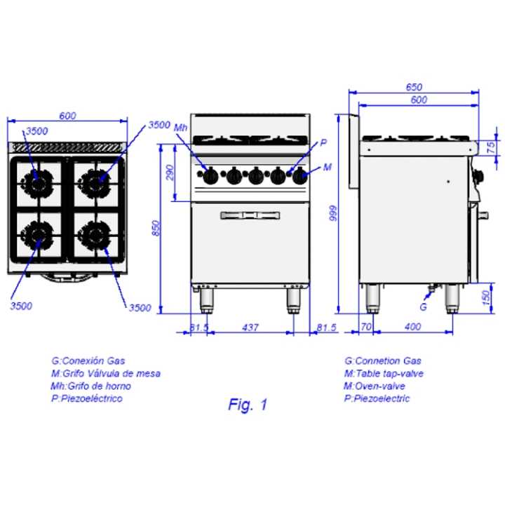 Fogão a Gás 4 bicos com forno a gás 5,2kW