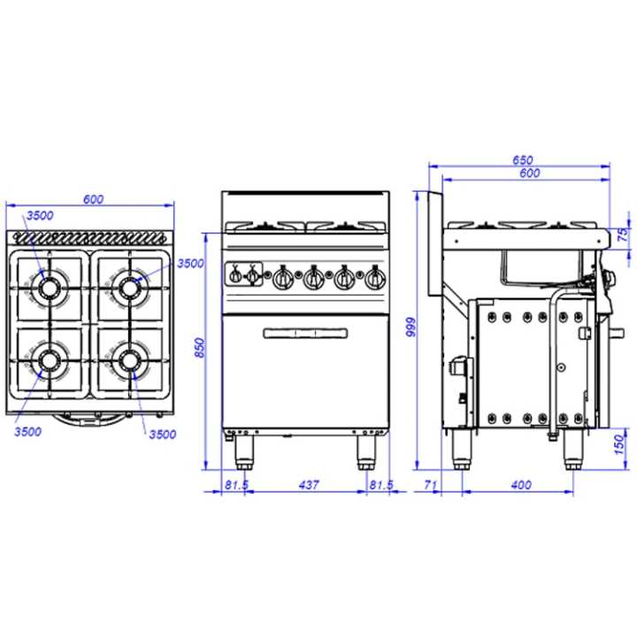 Fogão a Gás 4 bicos com forno eléctrico 3+3kW